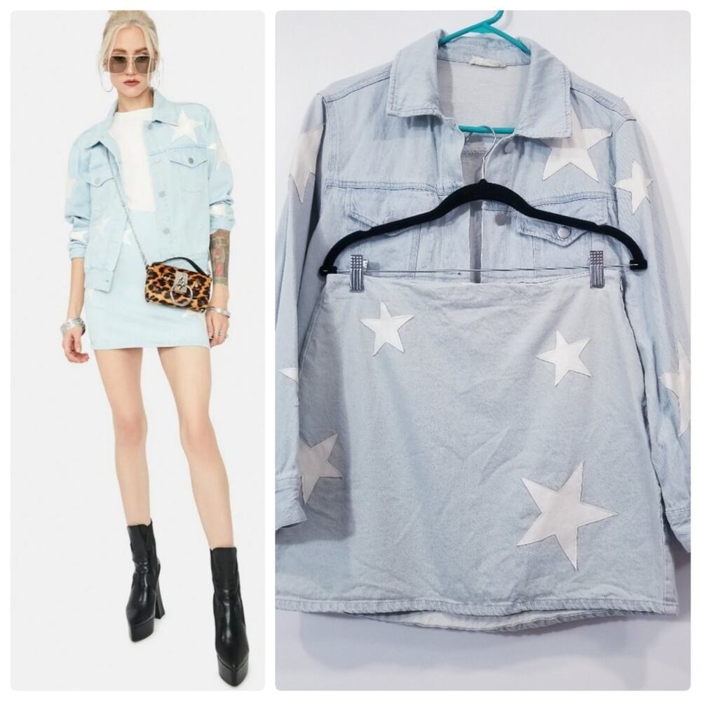 Altar'd State Light Blue Star-Patterned Patchwork  Denim Jacket and Skirt Set